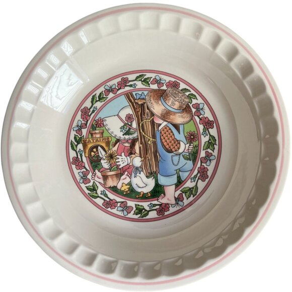 Vtg 1989 WATKINS Country Kids "Springs Fancy" Ceramic Recipe Pie Plate 10.75" D - Picture 1 of 16